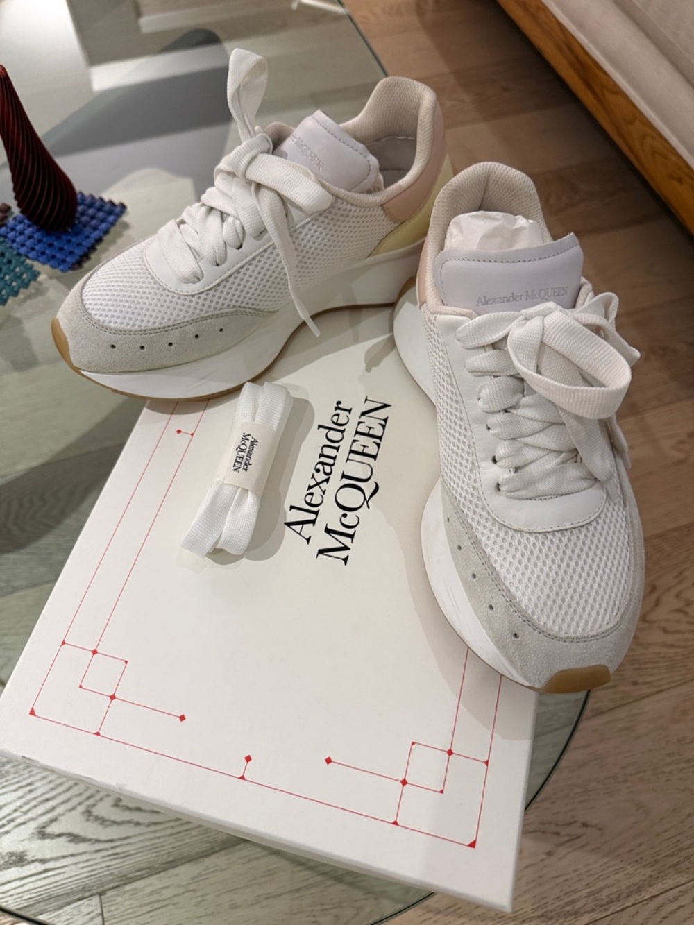 Alexander McQueenWomen's White Sneakers with Pale Pink & Pale Yellow Accents